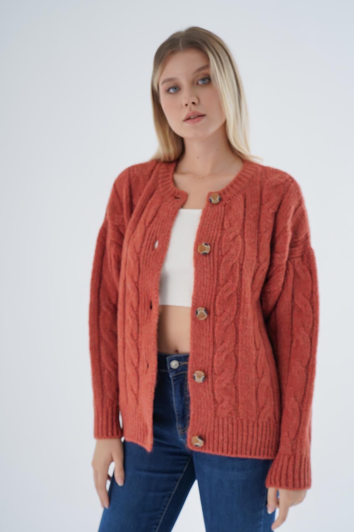 Kadın Kiremit Oversize Bisiklet Yaka Düğmeli Saç Örgülü Yün Karışımlı Triko Örme Hırka TRIST-6166