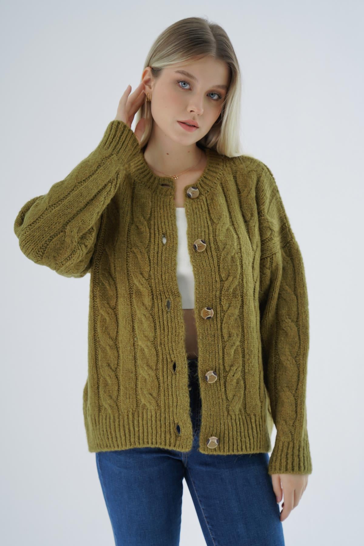 Kadın Olive Oversize Bisiklet Yaka Düğmeli Saç Örgülü Yün Karışımlı Triko Örme Hırka TRIST-6166