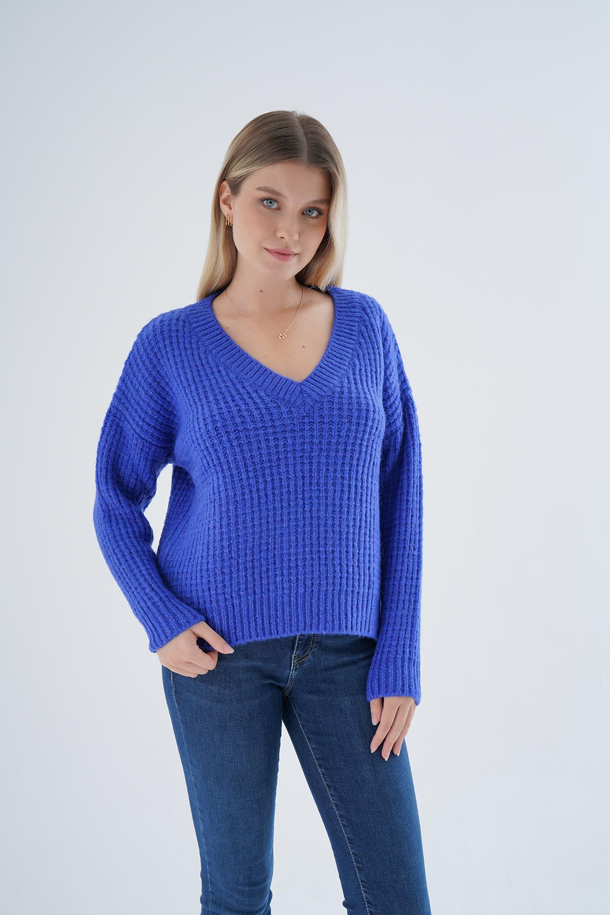 Kadın Saks Oversize V Yaka Nopen Selanik Örgü Yünlü Özel İplik Triko Örme Kazak TRIST-6160