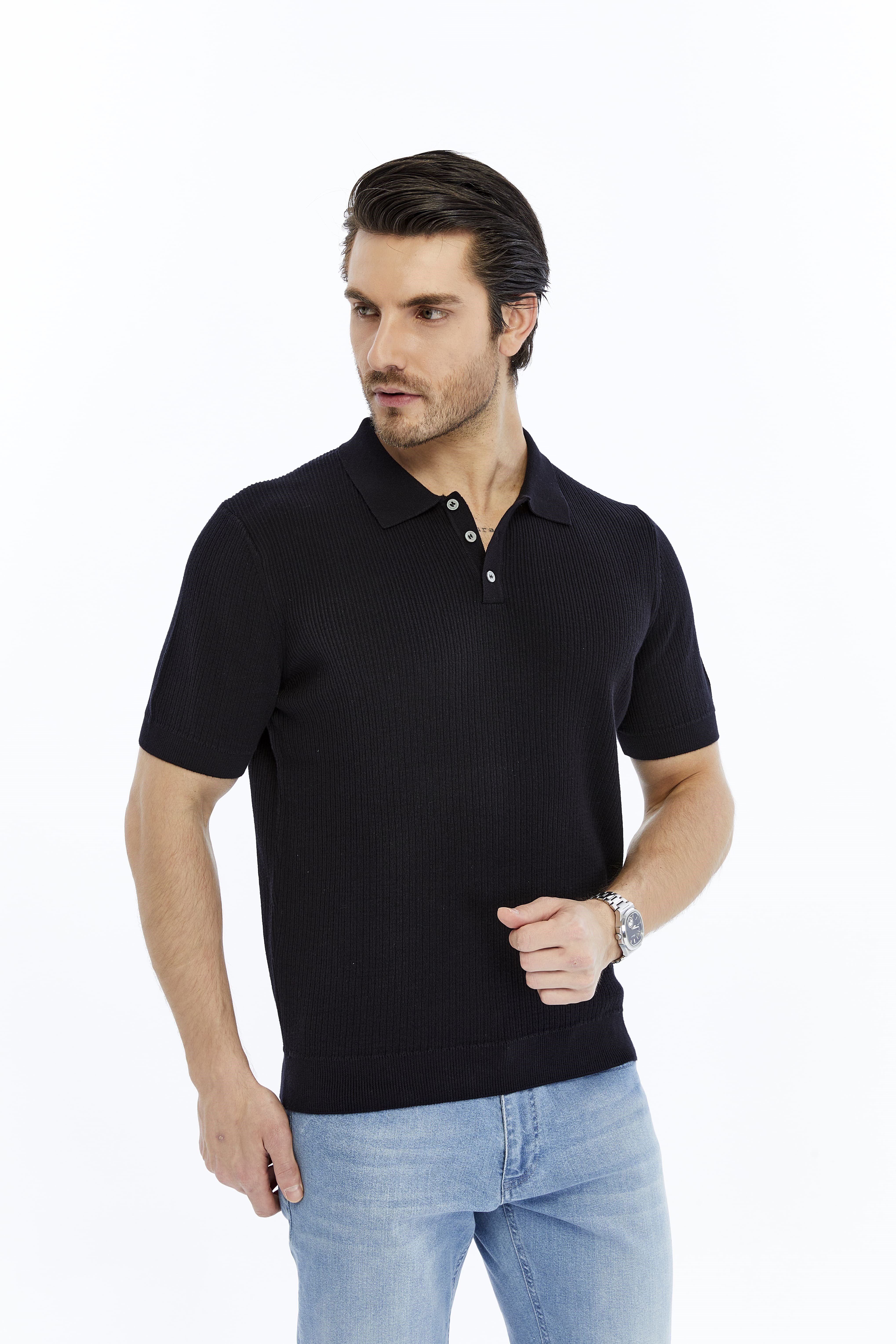 Koyu Lacivert Erkek %100 Pamuk Polo Yaka Kısa Kollu Fitilli Örgü Triko T-shirt TRIST-7108
