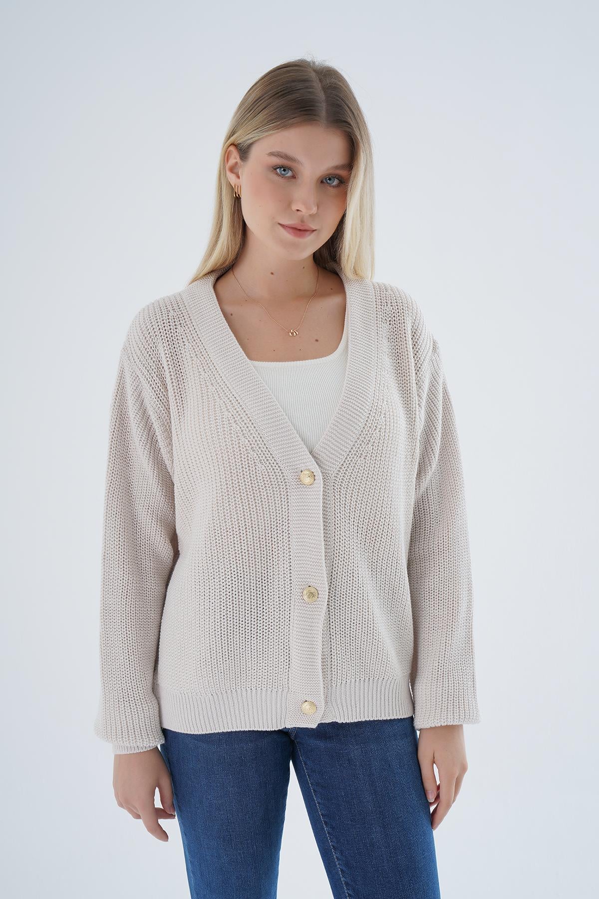 N.Kemik Oversize Kadın Selanik Örgü V Yaka %100 Pamuk Hırka TRIST-6150