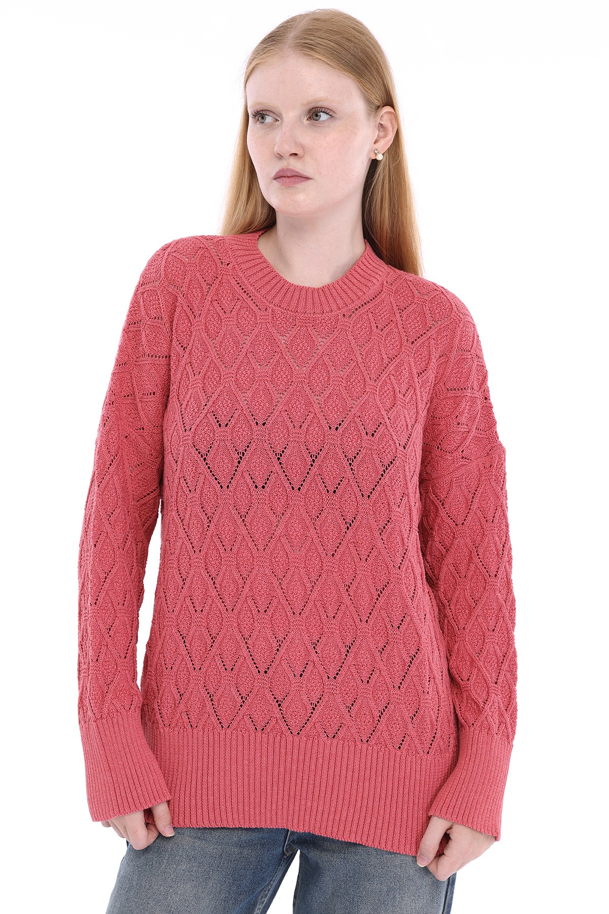 Pembe Kadın %100 Pamuk Ajurlu Baklava Örgü Desenli Oversize Bisiklet Yaka Triko Kazak TRIST-6170