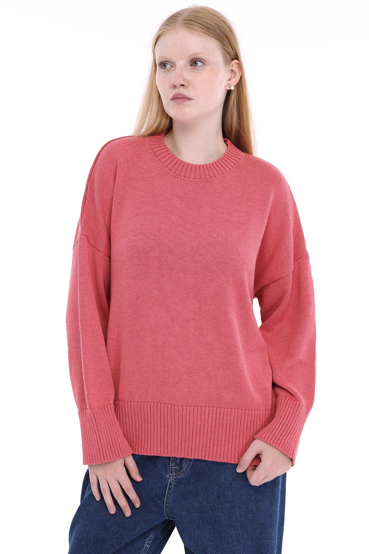 Pembe Kadın %100 Pamuk Oversize Düz Örgü Düşük Omuz Bisiklet Yaka Triko Kazak TRIST-6168