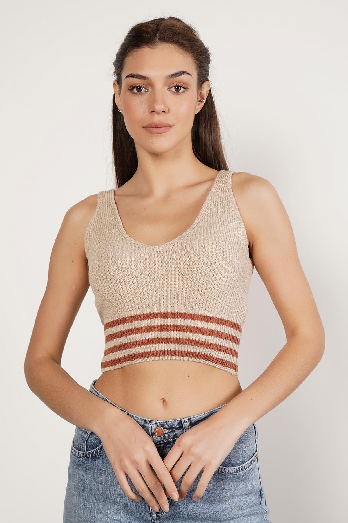 Trist Star Bej %100 Organik Pamuk Likralı Crop Triko Atlet Örme Bluz TRIST-6106