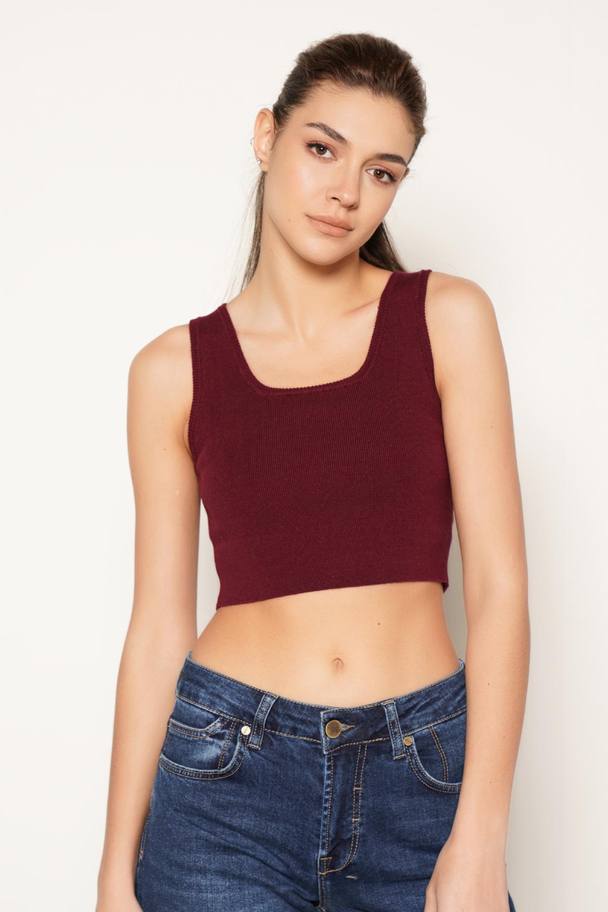 Trist Star Bordo %100 Organik Pamuk Likralı Crop Kare Yaka Triko Atlet Örme Bluz TRIST-6123