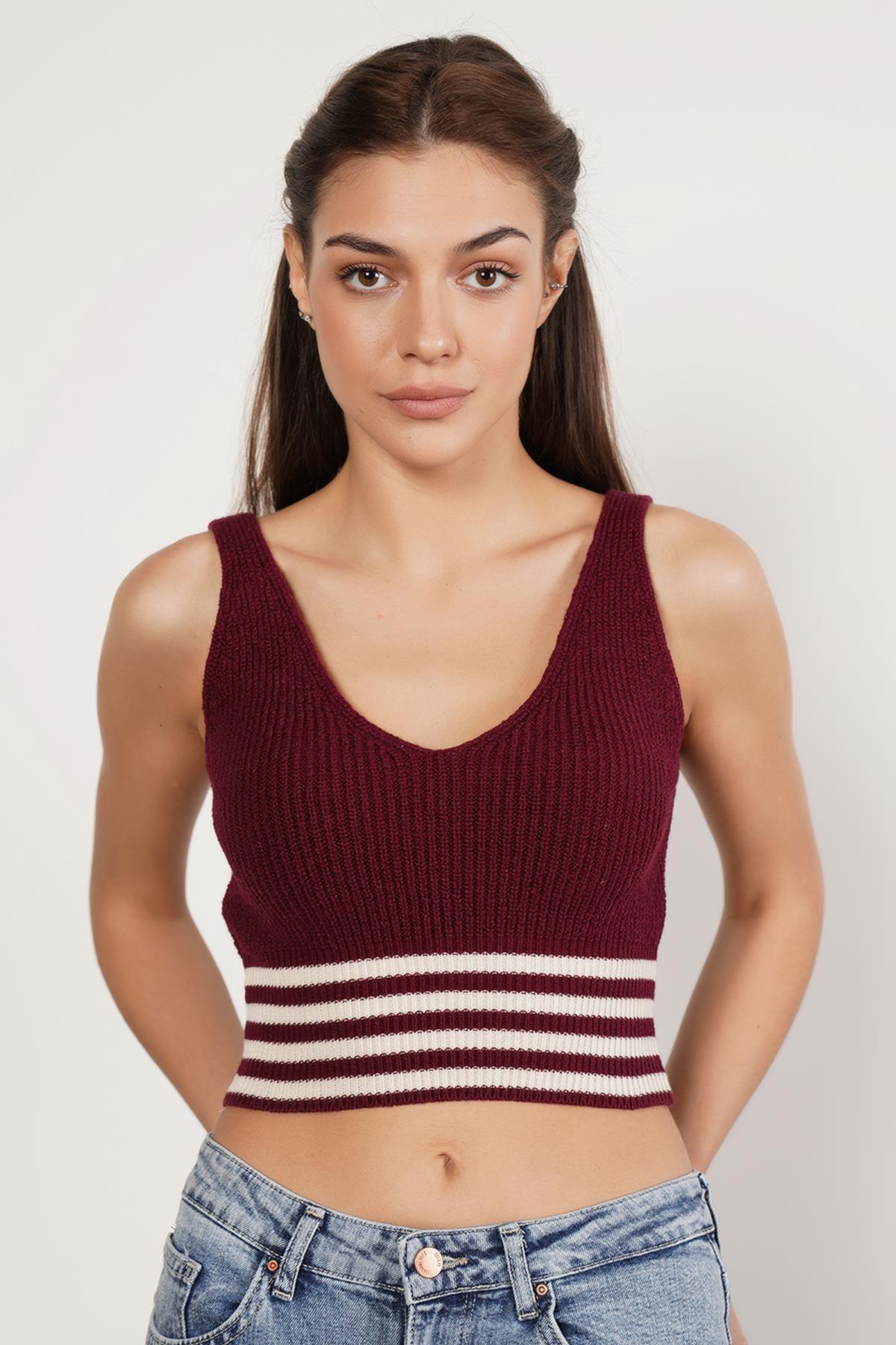 Trist Star Bordo %100 Organik Pamuk Likralı Crop Triko Atlet  Örme Bluz TRIST-6106