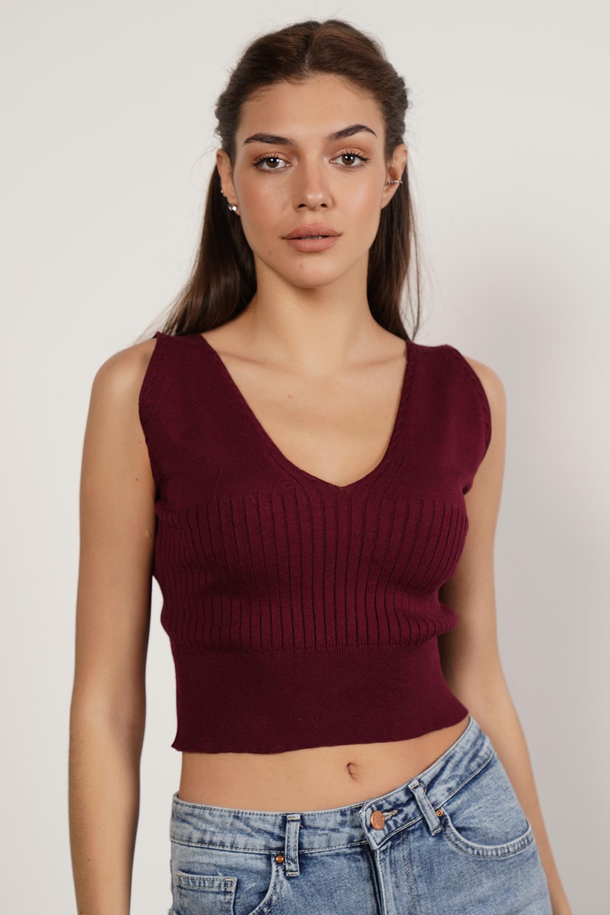 Trist Star Bordo %100 Organik Pamuk Likralı Crop Triko Atlet  Örme Bluz TRIST-6109
