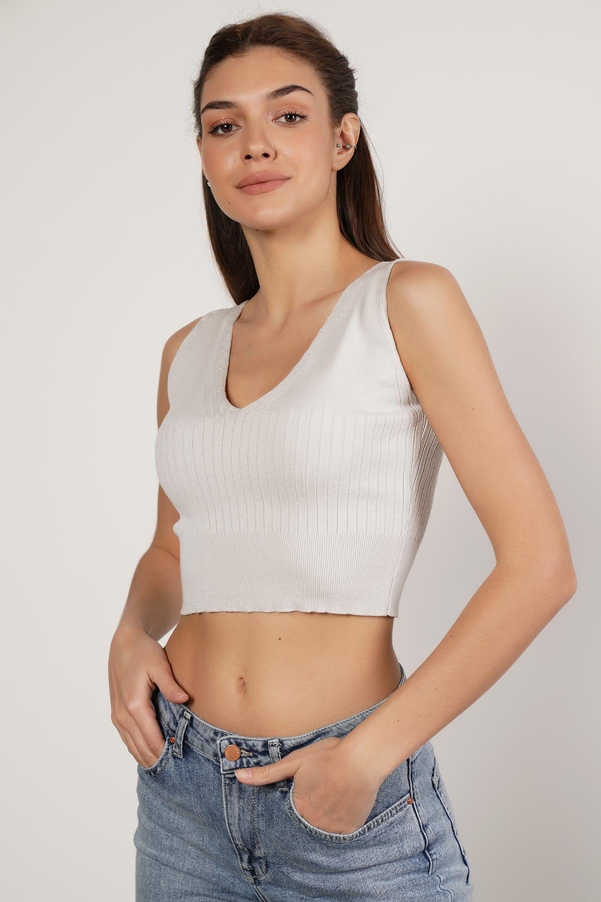 Trist Star Buz Gri %100 Organik Pamuk Likralı Crop Triko Atlet  Örme Bluz TRIST-6109