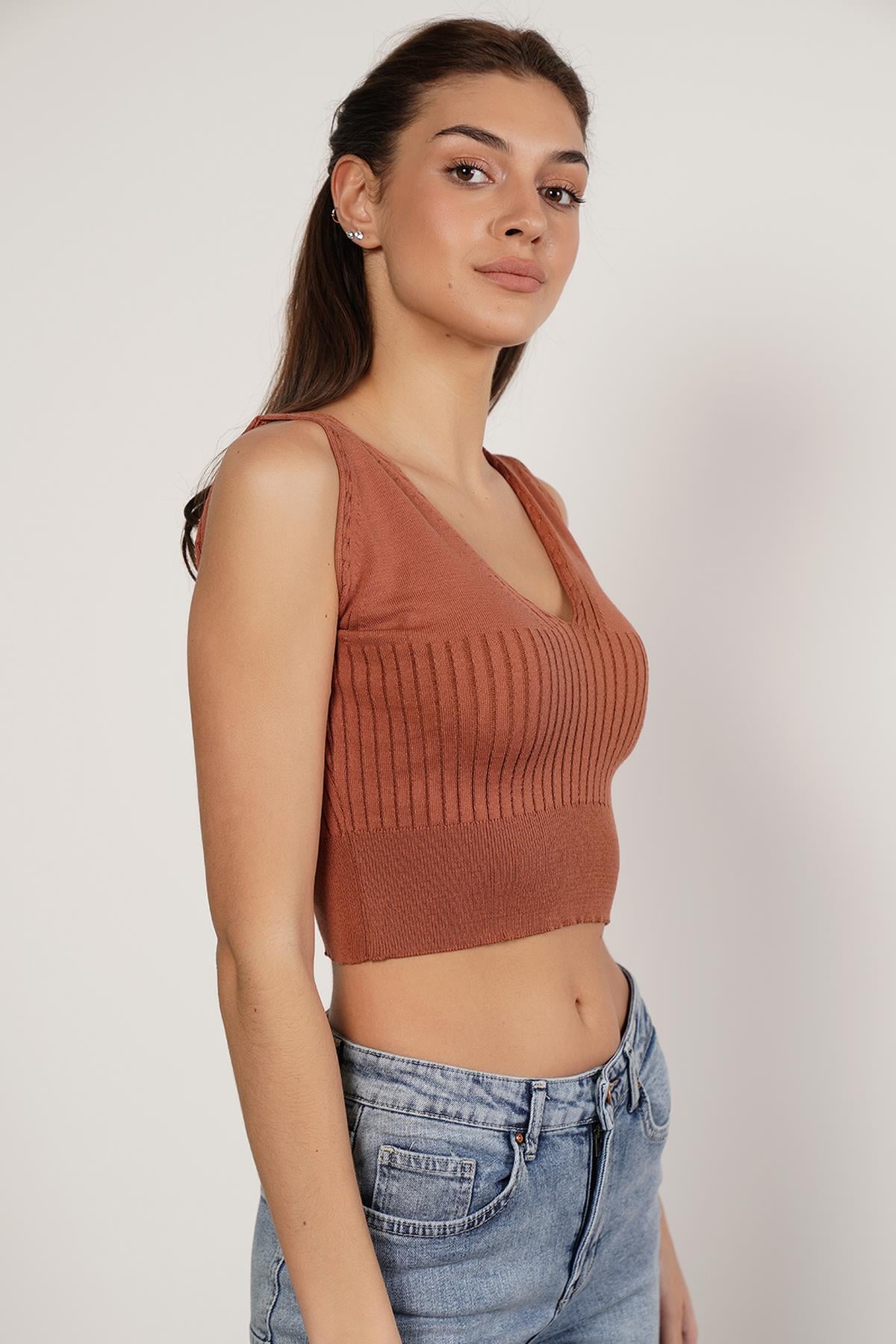 Trist Star Kiremit %100 Organik Pamuk Likralı Crop Triko Atlet  Örme Bluz TRIST-6109