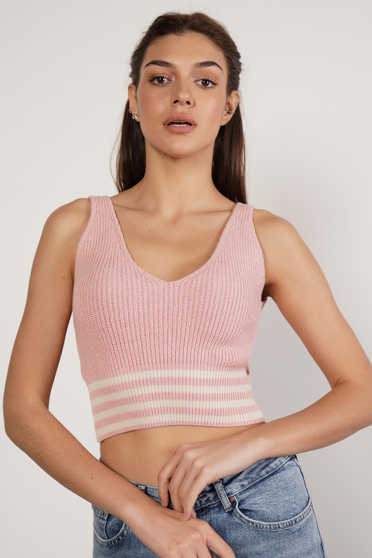 Trist Star Pembe %100 Organik Pamuk Likralı Crop Triko Atlet  Örme Bluz TRIST-6106
