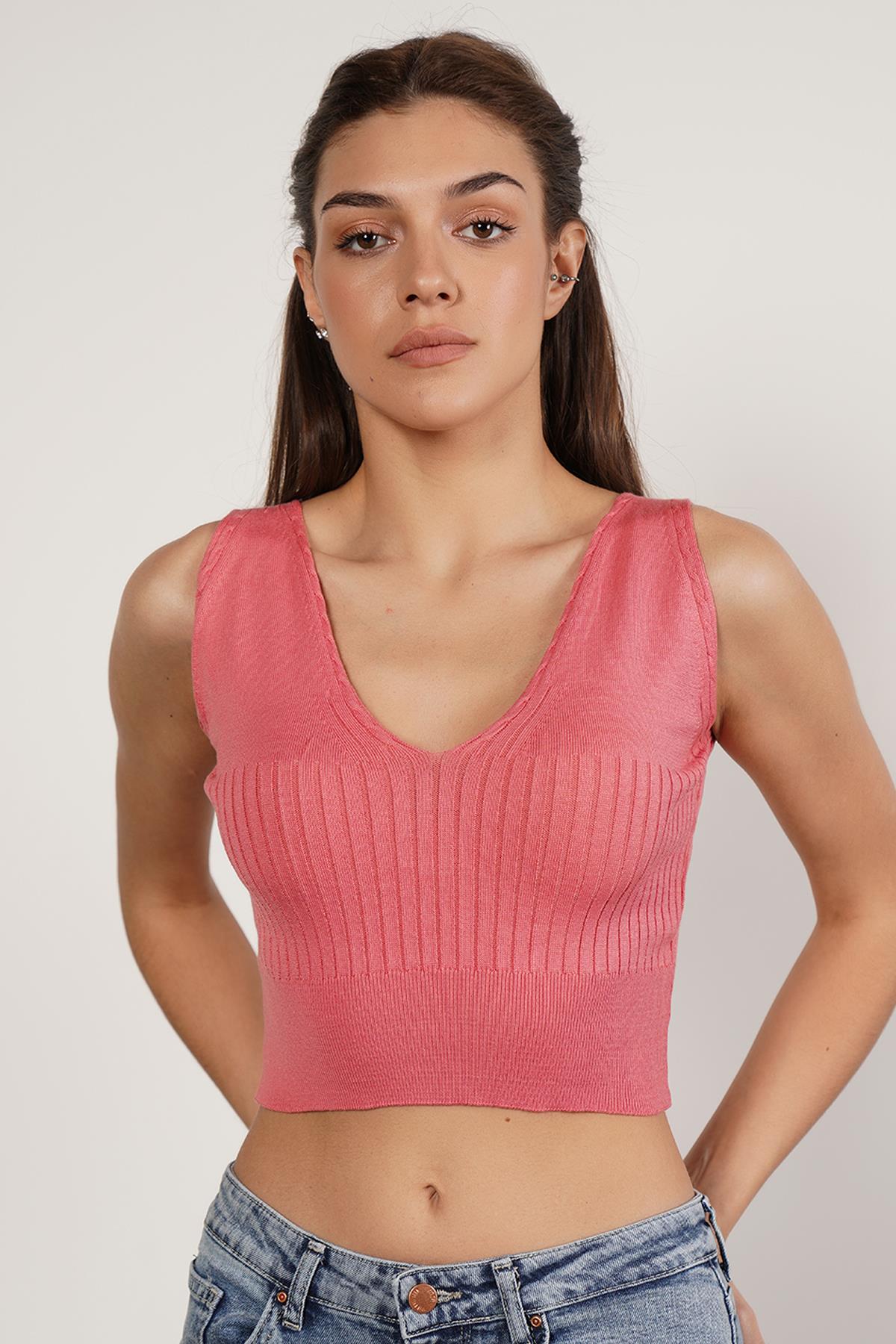 Trist Star Pembe %100 Organik Pamuk Likralı Crop Triko Atlet  Örme Bluz TRIST-6109