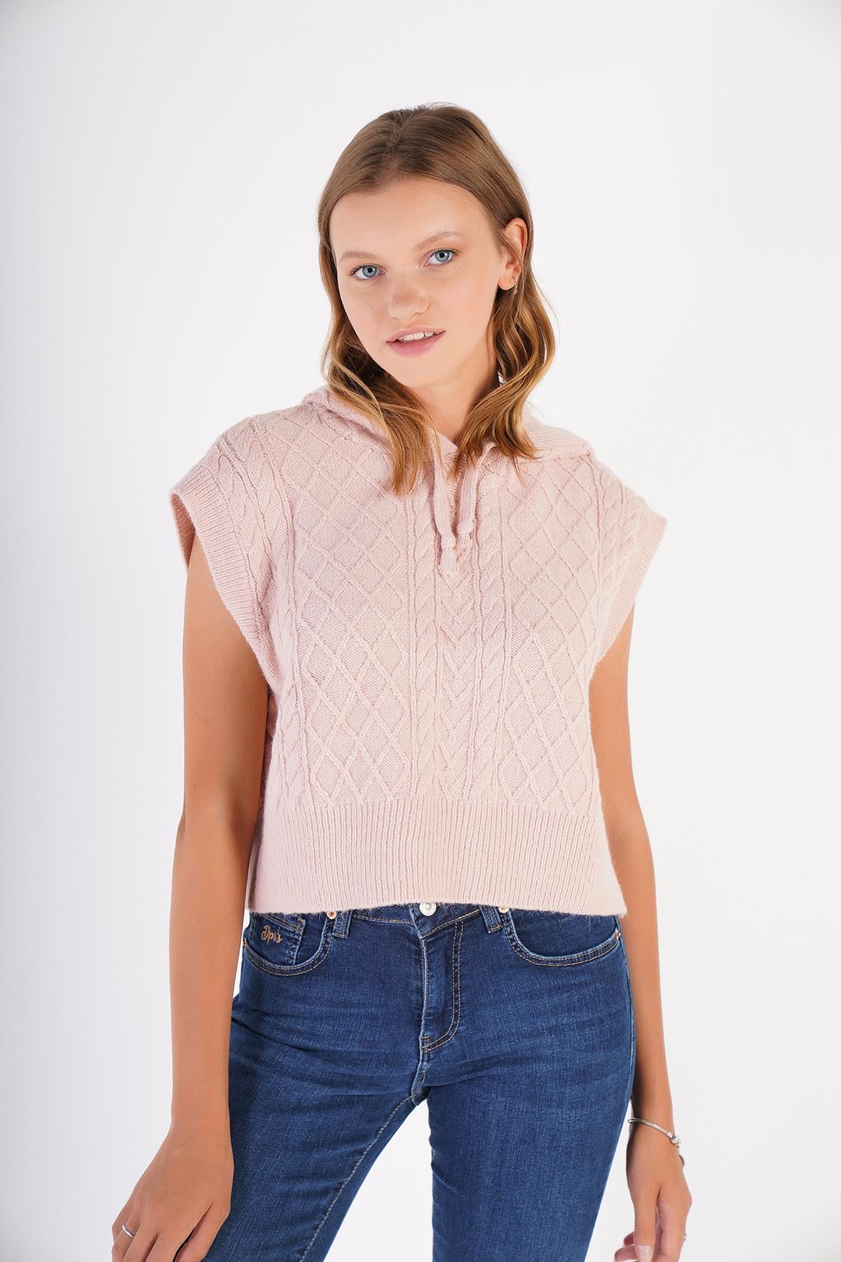 Trist Star Pudra Kapüşonlu Oversize Yün Süveter Örme Triko Trist-6131