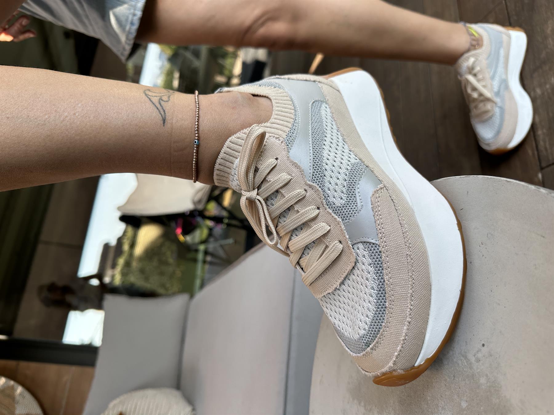 207-297 Bej Triko Yüksek Tabanlı Bağcıklı Kadın Spor Ayakkabı