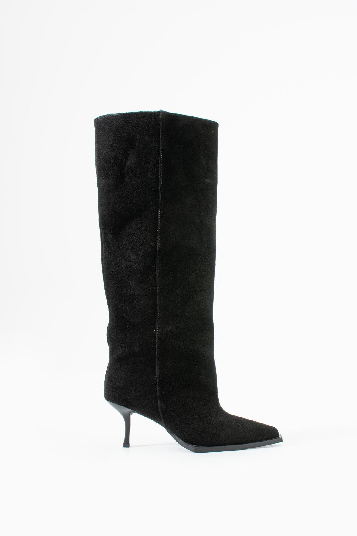 Camila Siyah Hakiki Deri Süet Çizme