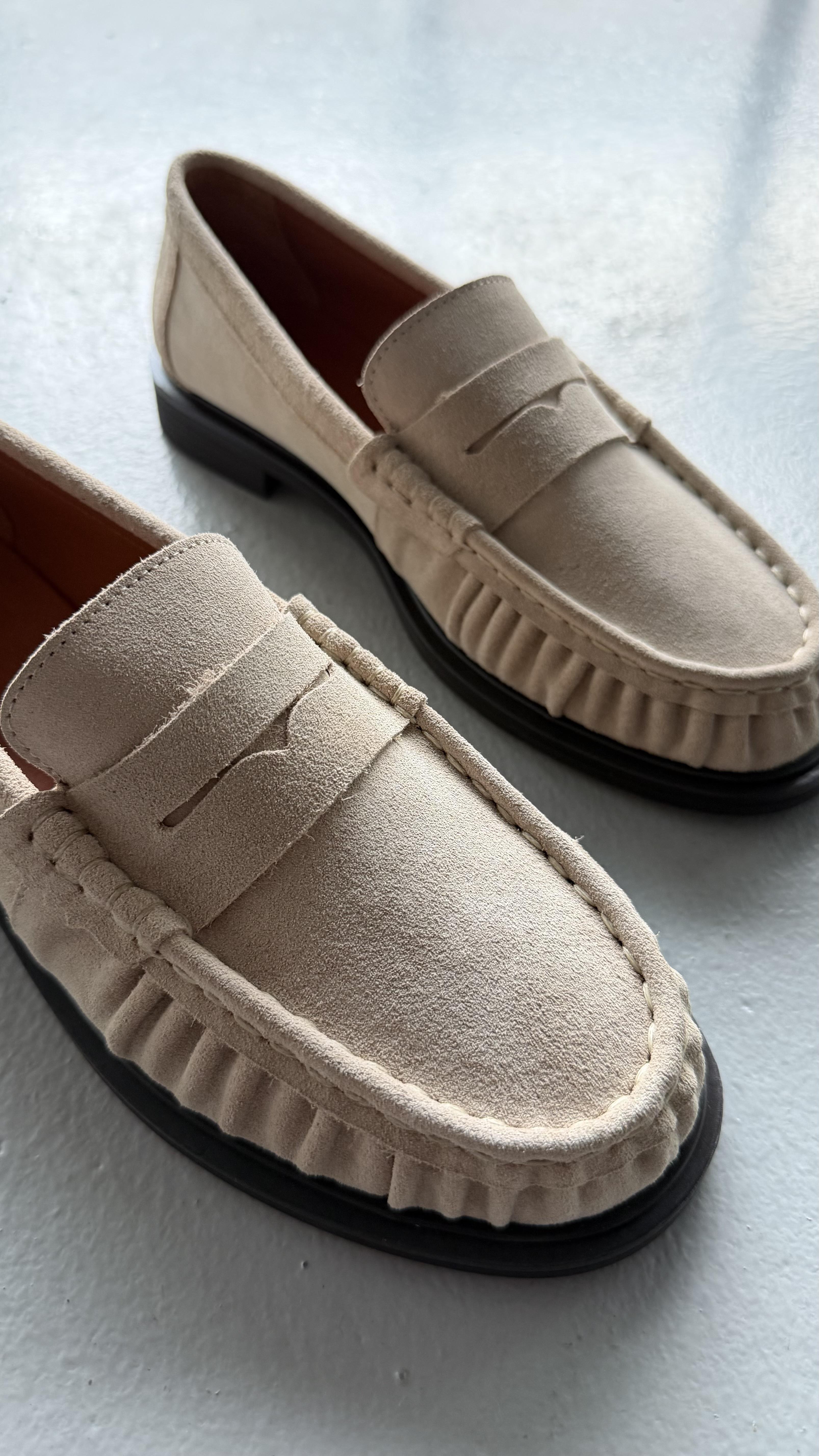 Kadın Büzgülü Gerçek Deri Oxford Loafer Günlük Ayakkabı Bej