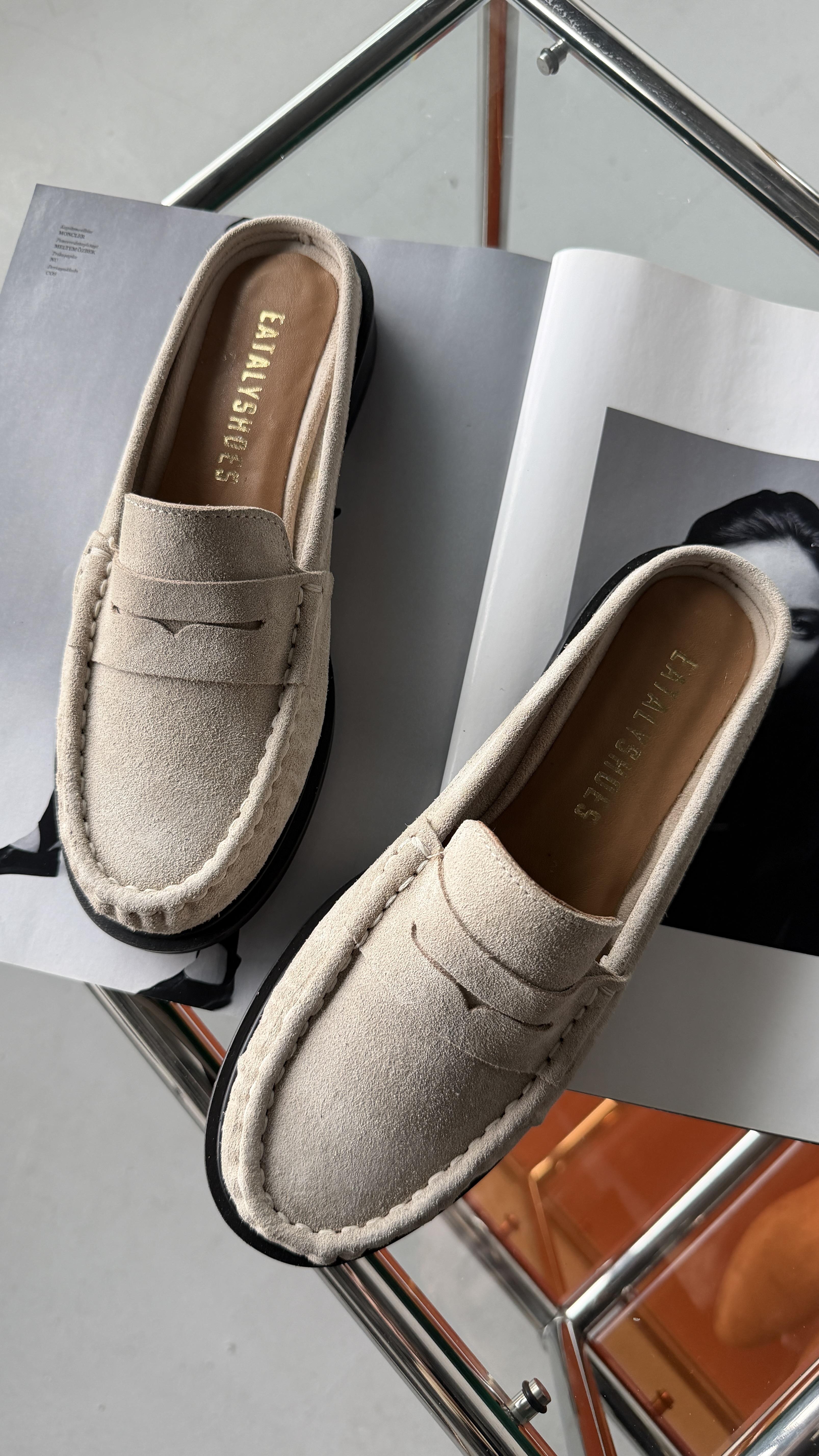 Lena Bej Süet Büzgülü Gerçek Deri Oxford Terlik