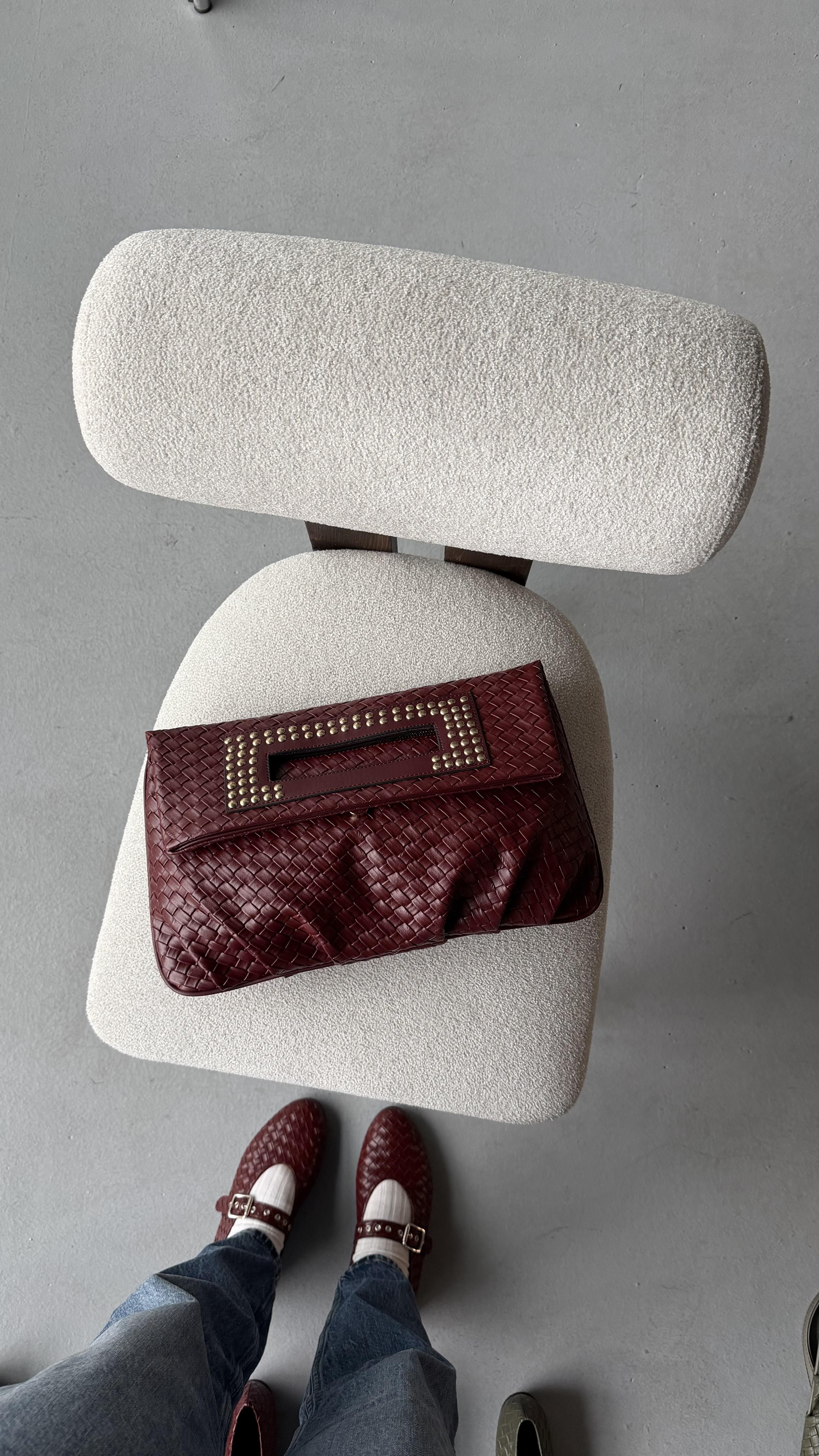 Quiet Rouge Bordo Örgü Deri Clutch Çanta