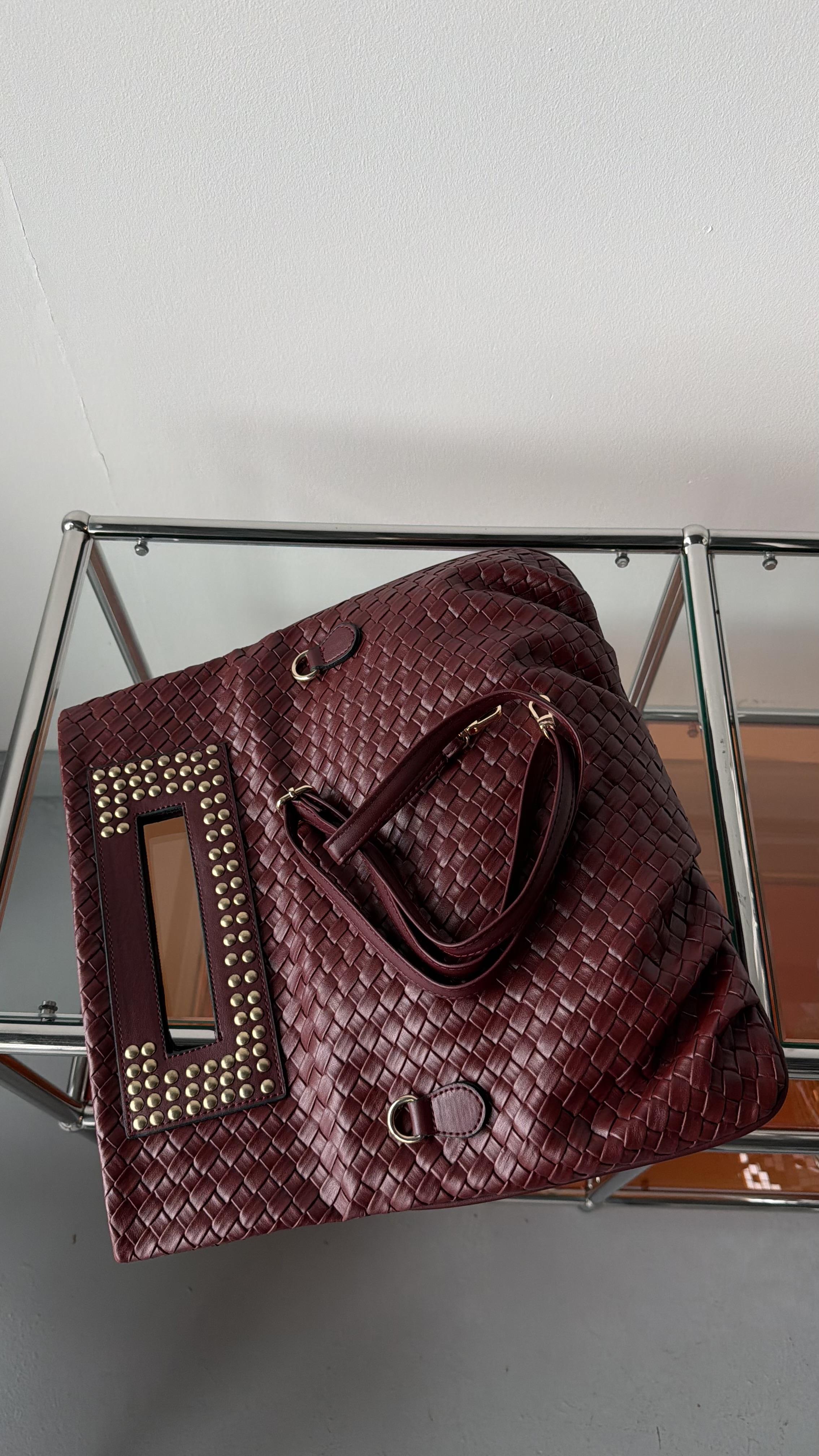 Quiet Rouge Bordo Örgü Deri Clutch Çanta