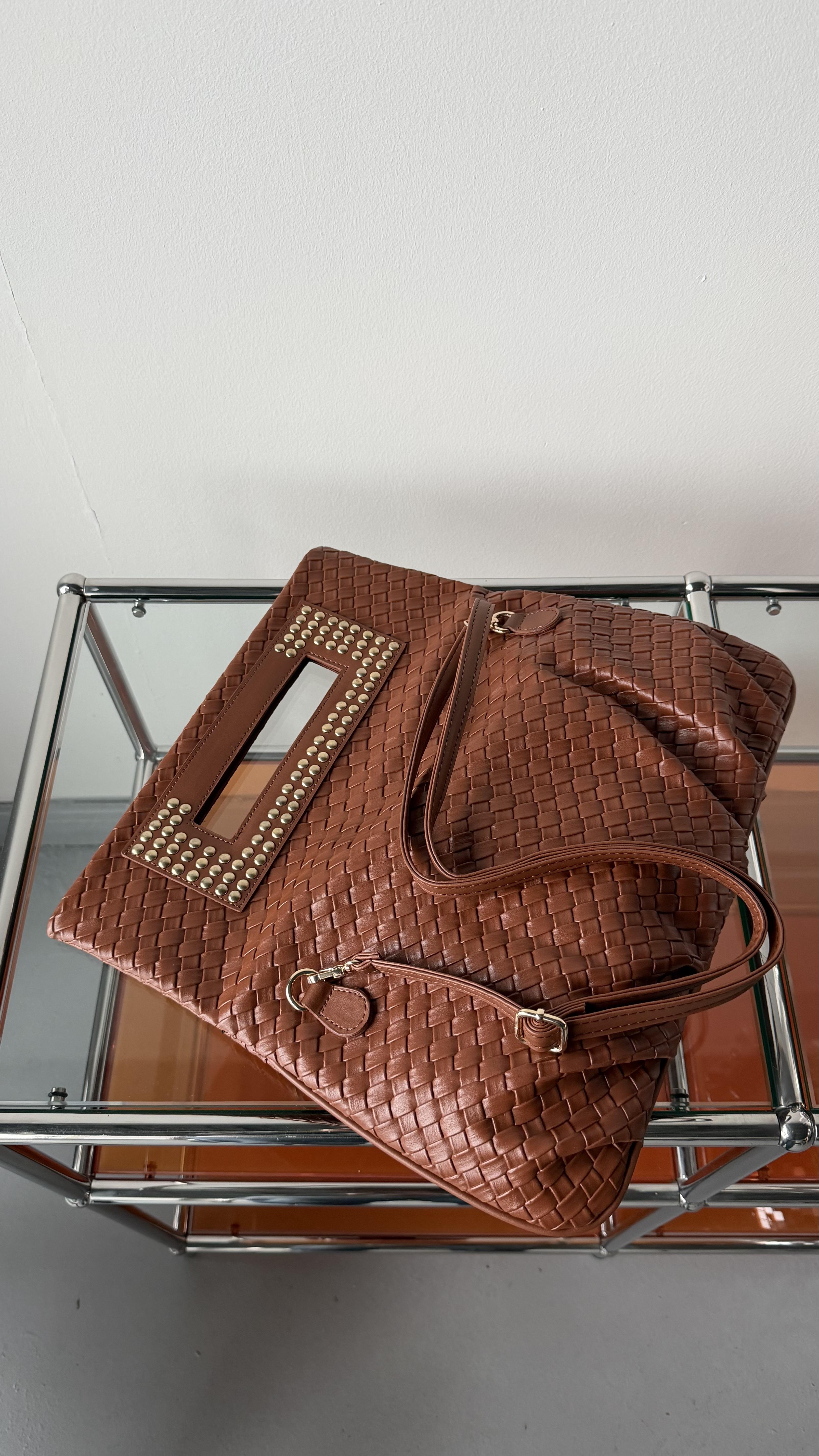 Quiet Rouge Taba Örgü Deri Clutch Çanta