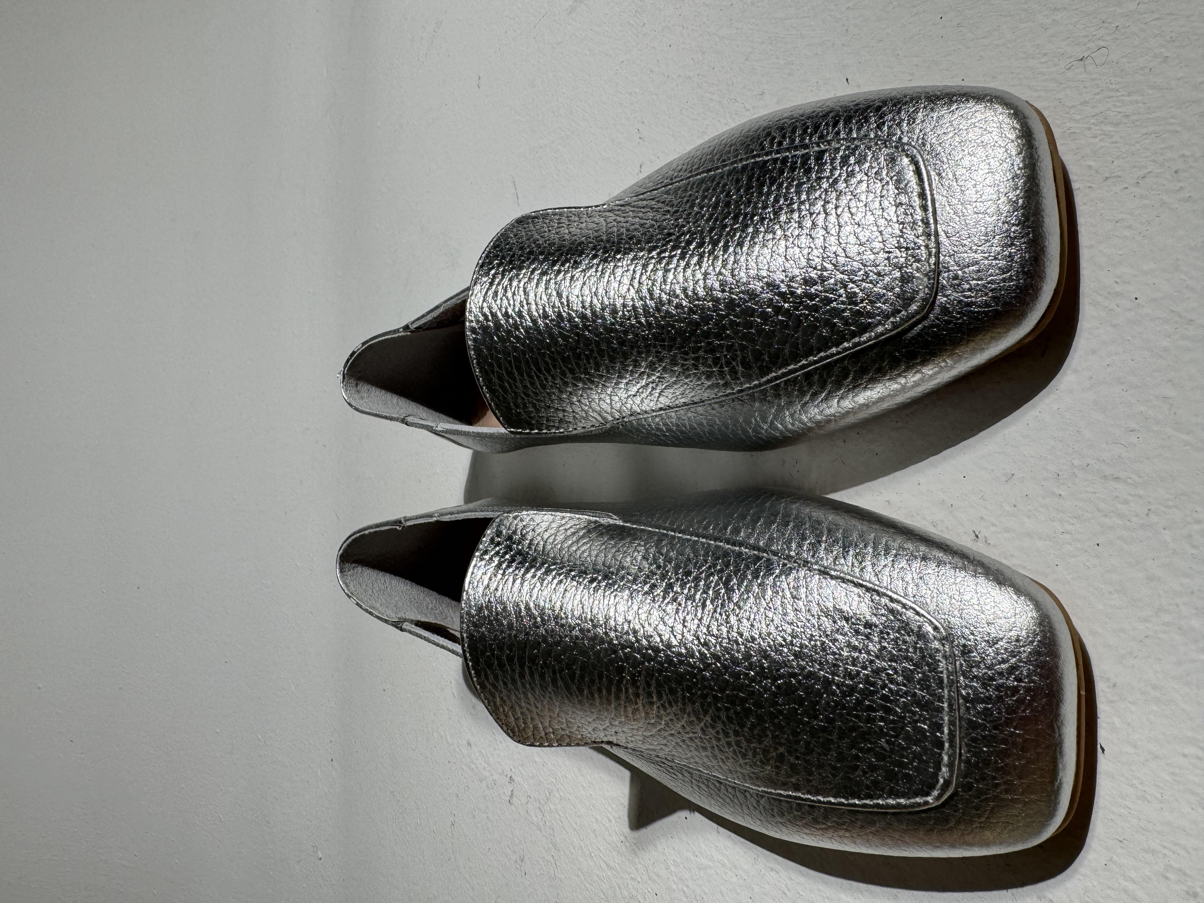 Sid Gümüş Kare Burun Deri Babet