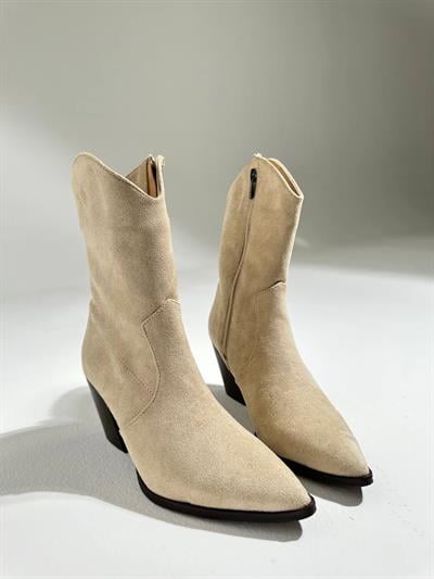004-755 Bej Süet Kadın Topuklu Fermuarlı Bot
