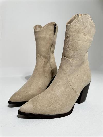 004-755 Bej Süet Kadın Topuklu Fermuarlı Bot