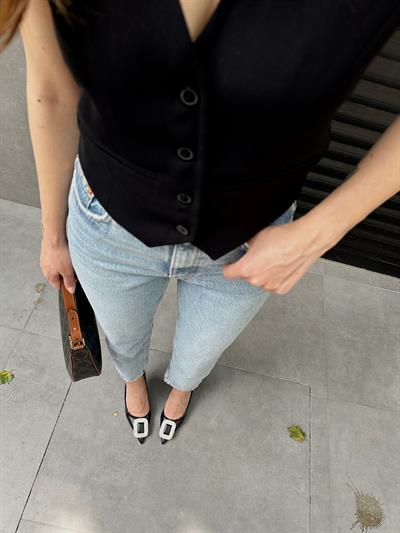 051-M80 Siyah Cilt Kare Taş Detaylı Kadın Topuklu