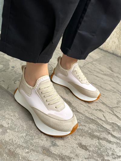 207-296 Bej Beyaz Lastikli Bağcık Detaylı Kadın Spor