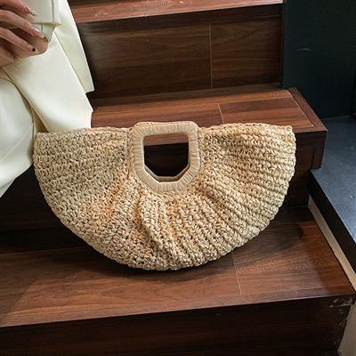 Bej Hasır El Örgüsü Kadın Oval El Çantası 