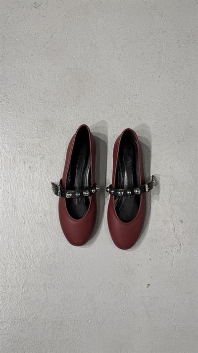 Bordo Düz Siyah Kemer Tokalı Bantlı Basic Babet