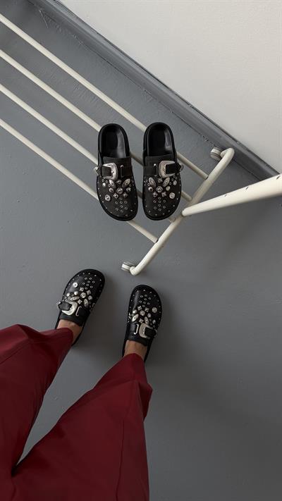 Füme Süet Hakiki Deri Kemerli Tokalı Burnu Kapalı Kadın Terlik