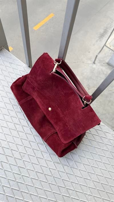 Hakiki Süet Bordo Tutma Saplı Salaş Çanta 