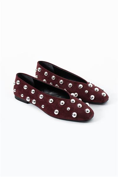 Kadife Bordo Kare Kalıp Gümüş Yuvarlak Toka Aksesuarlı Babet