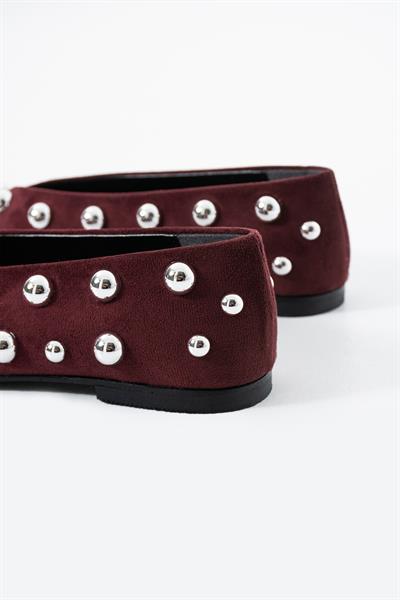 Kadife Bordo Kare Kalıp Gümüş Yuvarlak Toka Aksesuarlı Babet