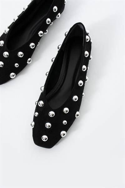 Kadife Siyah Kare Kalıp Gümüş Yuvarlak Toka Aksesuarlı Babet 