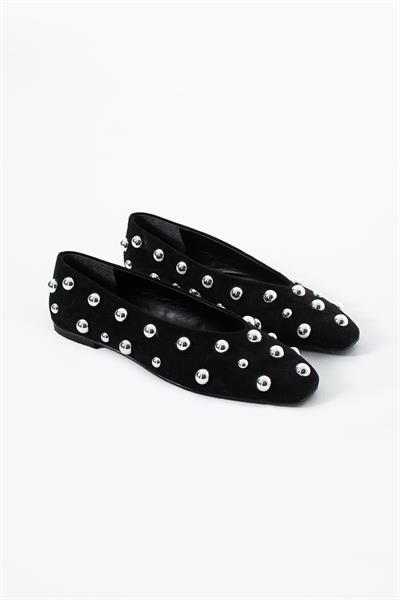 Kadife Siyah Kare Kalıp Gümüş Yuvarlak Toka Aksesuarlı Babet 