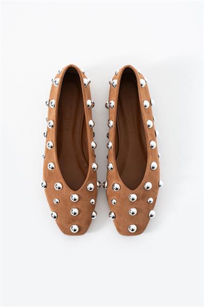 Kadife Taba Kare Kalıp Gümüş Yuvarlak Toka Aksesuarlı Babet