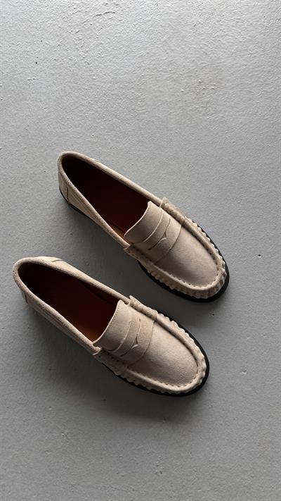 Kadın Büzgülü Gerçek Deri Oxford Loafer Günlük Ayakkabı Bej