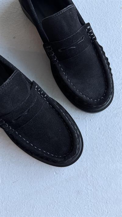 Kadın Büzgülü Gerçek Deri Oxford Loafer Günlük Ayakkabı Siyah Siyah