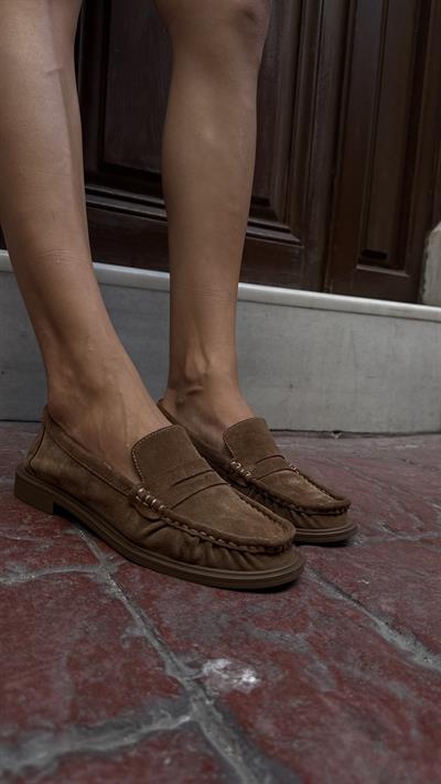 Kadın Büzgülü Gerçek Deri Oxford Loafer Günlük Ayakkabı Camel