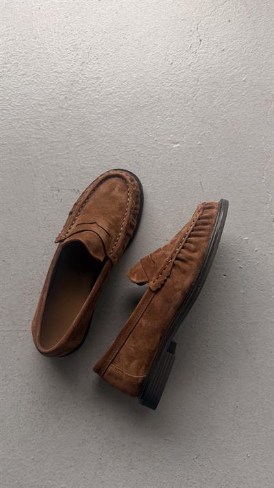 Kadın Büzgülü Gerçek Deri Oxford Loafer Günlük Ayakkabı Camel