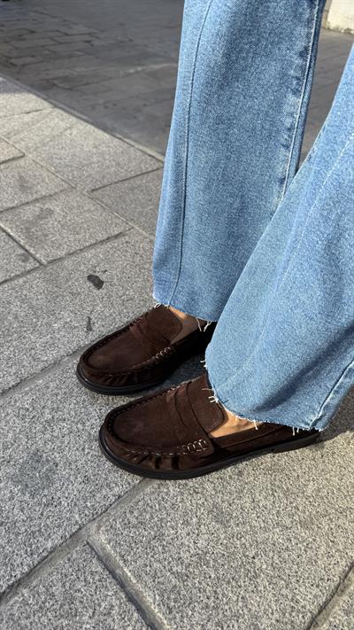 Kadın Büzgülü Gerçek Deri Oxford Loafer Günlük Ayakkabı Acıkahve