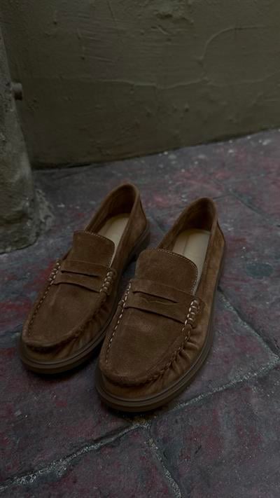 Kadın Büzgülü Gerçek Deri Oxford Loafer Günlük Ayakkabı Camel
