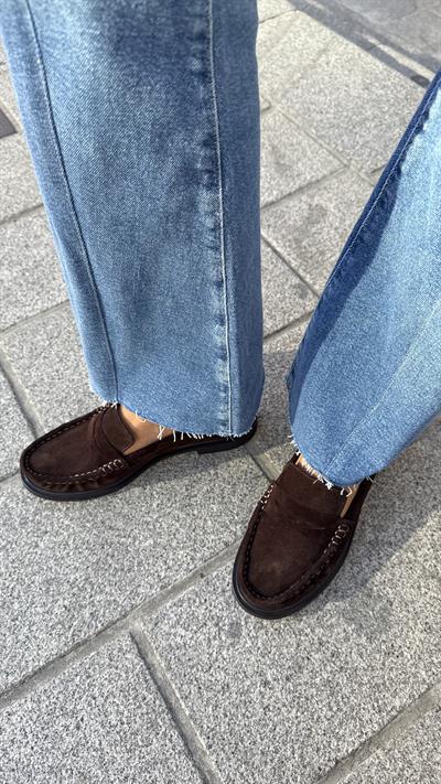 Kadın Büzgülü Gerçek Deri Oxford Loafer Günlük Ayakkabı Acıkahve
