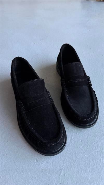 Kadın Büzgülü Gerçek Deri Oxford Loafer Günlük Ayakkabı Siyah Siyah