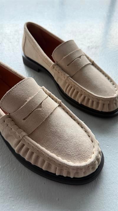 Kadın Büzgülü Gerçek Deri Oxford Loafer Günlük Ayakkabı Bej