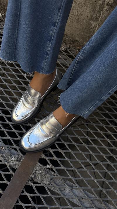 Kadın Düz Gerçek Deri Oxford Loafer Günlük Ayakkabı Gümüş