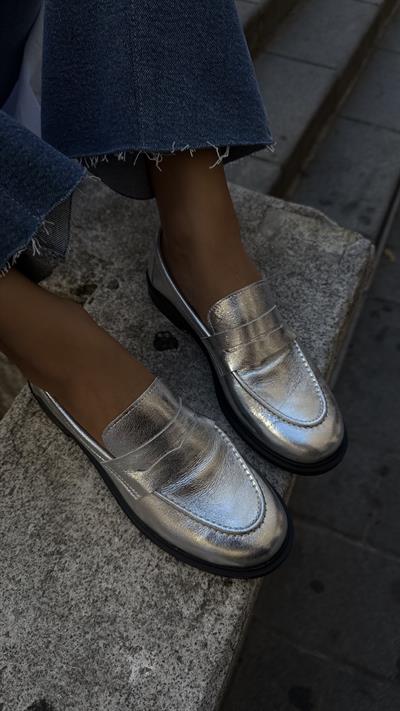 Kadın Düz Gerçek Deri Oxford Loafer Günlük Ayakkabı Gümüş