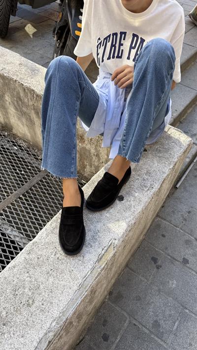 Kadın Düz Gerçek Deri Oxford Loafer Günlük Ayakkabı Siyah