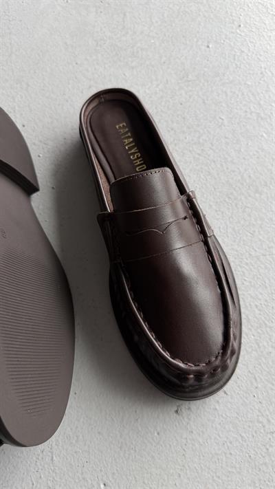 Lena Acıkahve Büzgülü Gerçek Deri Oxford Terlik